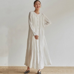 100% Lin Plissé Automne Blanc Pur Robe À Manches Longues