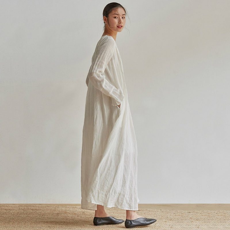 100% Lin Plissé Automne Blanc Pur Robe À Manches Longues