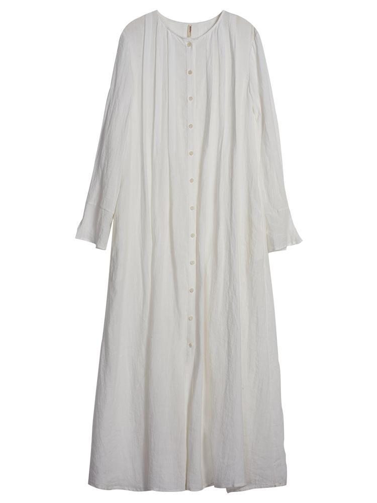 100% Lin Plissé Automne Blanc Pur Robe À Manches Longues