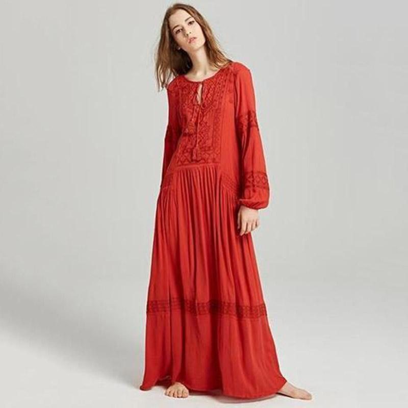 Bohême Glands Broderie Manches Longues Maxi Robe