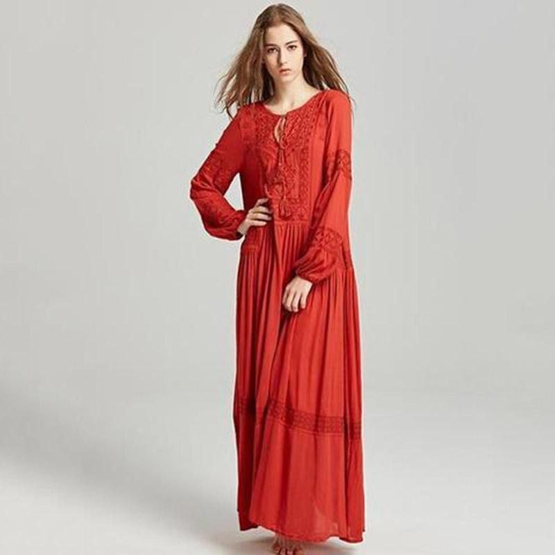 Bohême Glands Broderie Manches Longues Maxi Robe