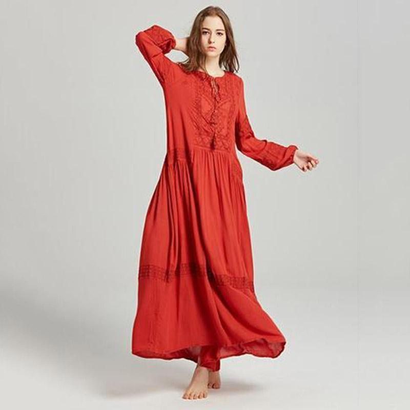 Bohême Glands Broderie Manches Longues Maxi Robe