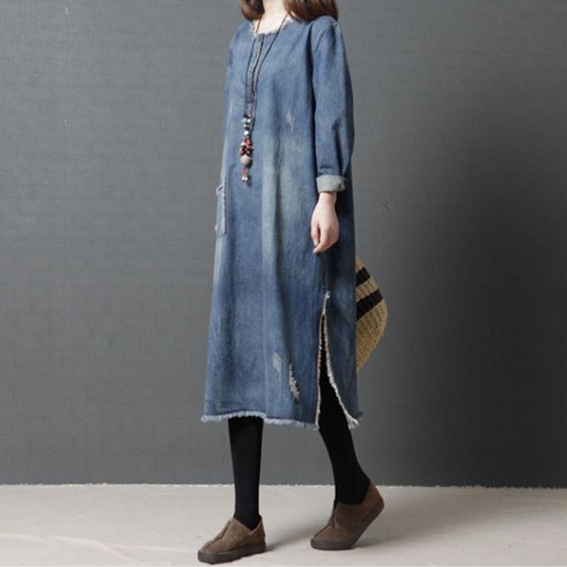 Burr Lâche Col Rond Ragged Pocket Denim Dress