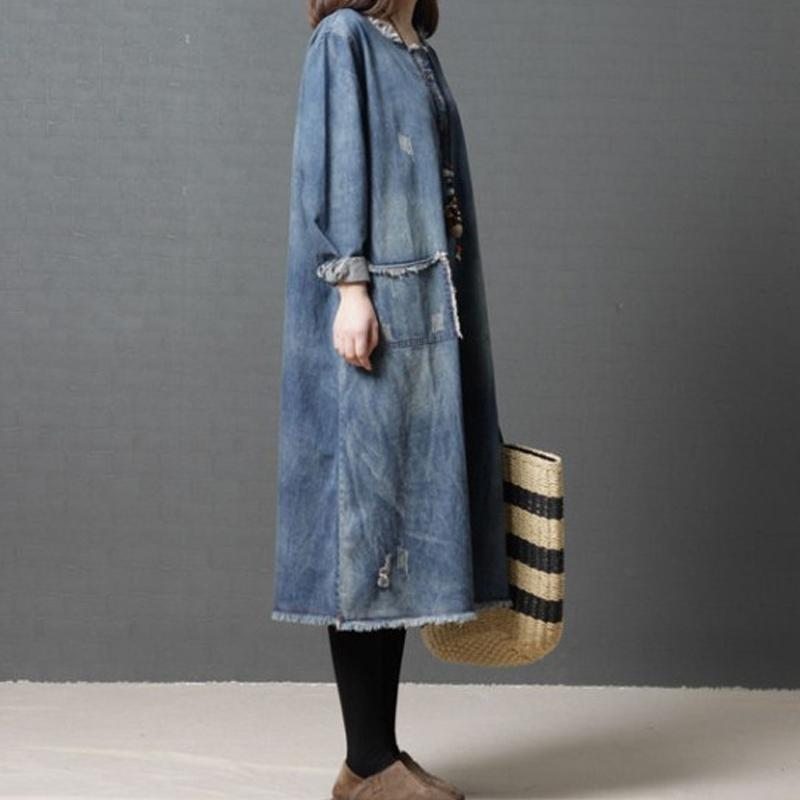 Burr Lâche Col Rond Ragged Pocket Denim Dress