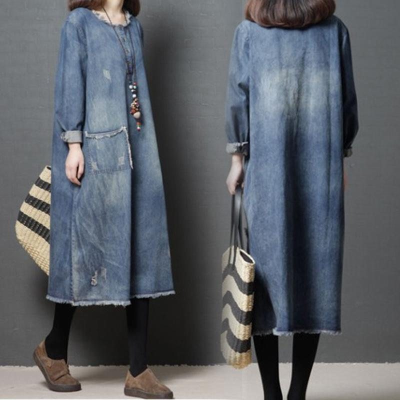 Burr Lâche Col Rond Ragged Pocket Denim Dress