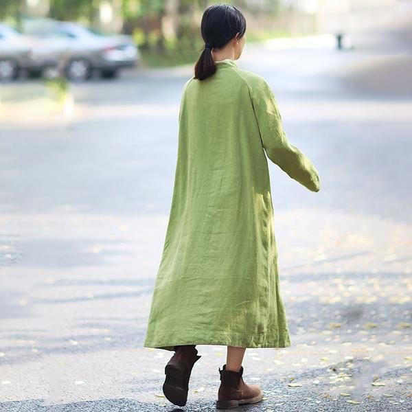 Col Montant Manches Longues Femmes Ethniques Lâche Décontracté Vert Longue Robe