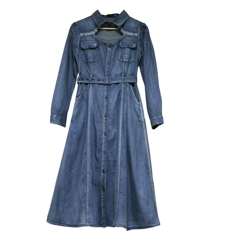 Col Polo Boucle En Bois Vintage Broderie Denim Robe À Manches Longues