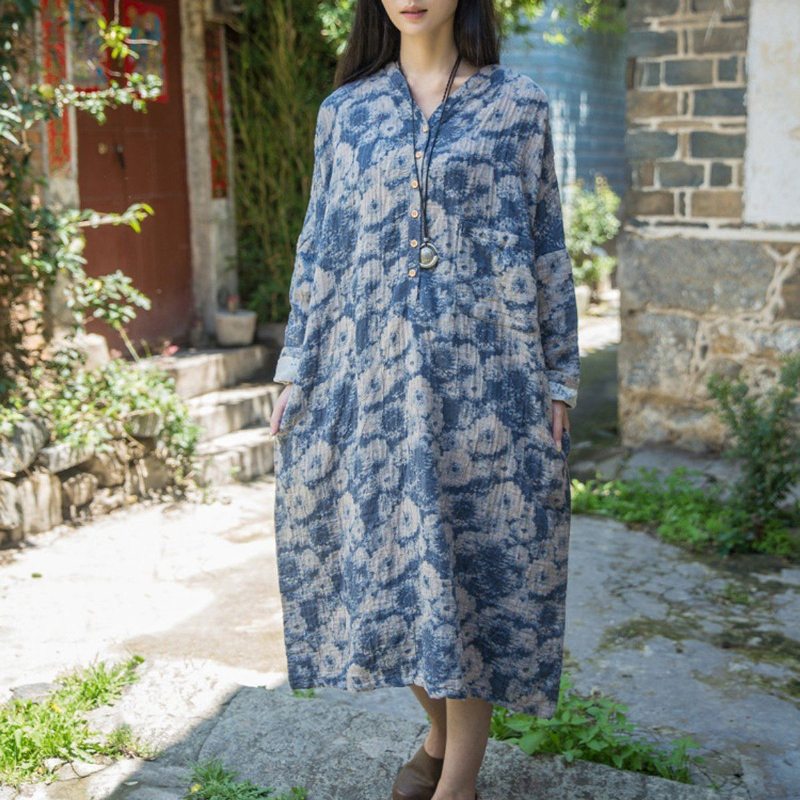 Coton Lin Décontracté Robe Florale Ample Rouge Bleu