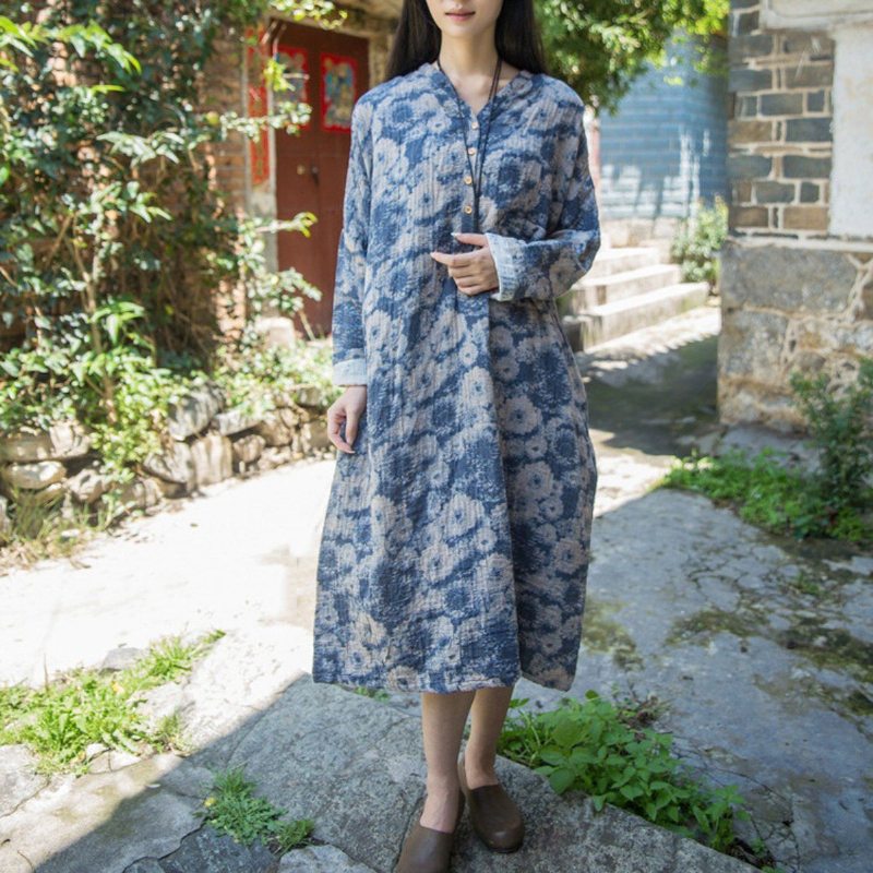 Coton Lin Décontracté Robe Florale Ample Rouge Bleu