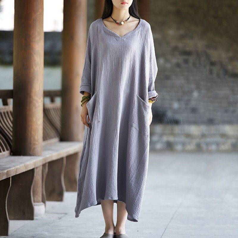 Femmes Solide Casual Grandes Poches Lâche Maxi Robe À Manches Longues