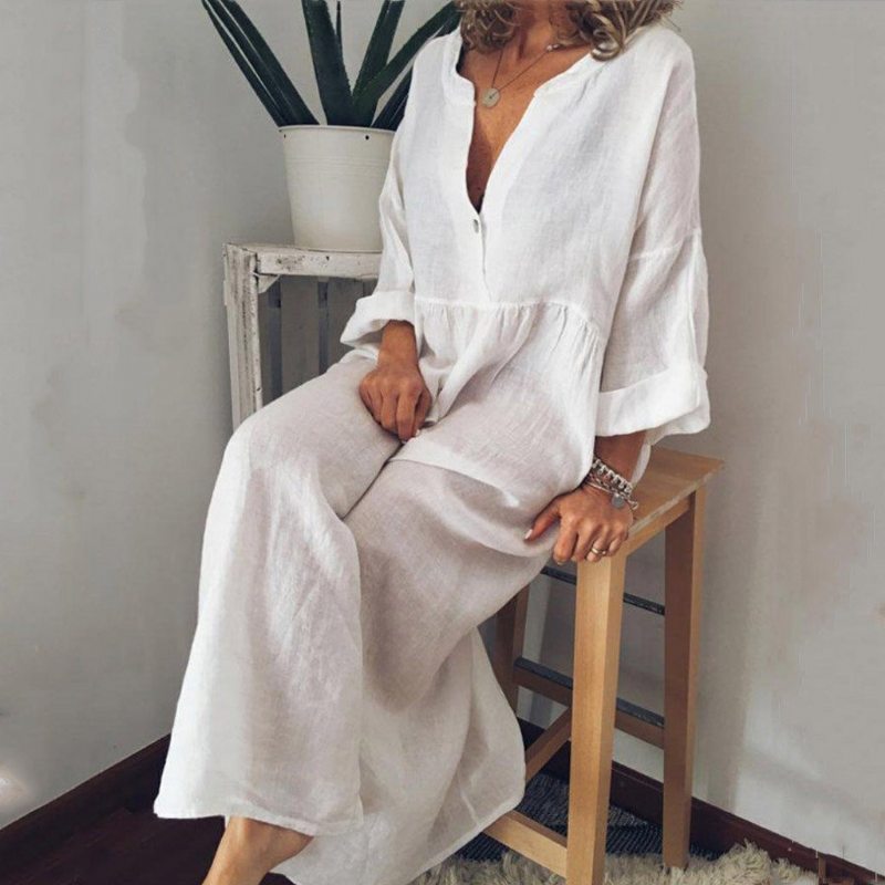 Hot V-neck Print Long Bohemian Loose Linen Robe Grande Taille L-5xl