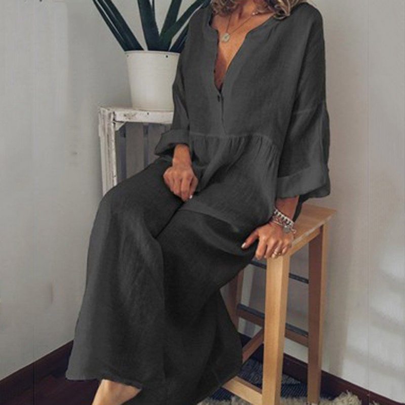 Hot V-neck Print Long Bohemian Loose Linen Robe Grande Taille L-5xl