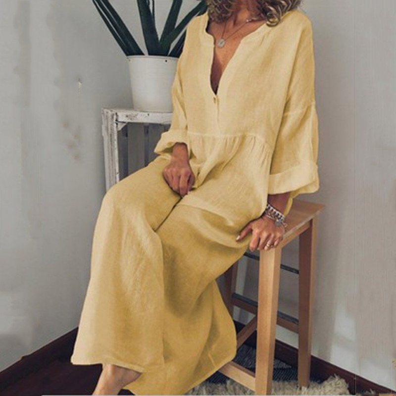 Hot V-neck Print Long Bohemian Loose Linen Robe Grande Taille L-5xl