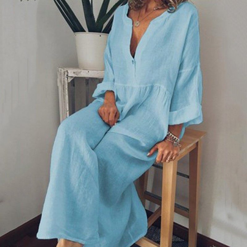 Hot V-neck Print Long Bohemian Loose Linen Robe Grande Taille L-5xl