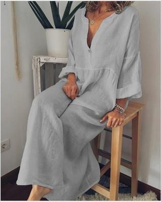 Hot V-neck Print Long Bohemian Loose Linen Robe Grande Taille L-5xl