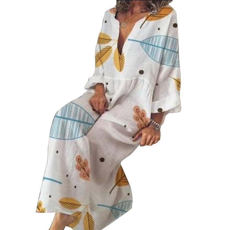 Hot V-neck Print Long Bohemian Loose Linen Robe Grande Taille L-5xl