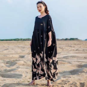 Imprimé Folk Style Casual Loose Maxi Robe À Manches Courtes Pour Les Femmes