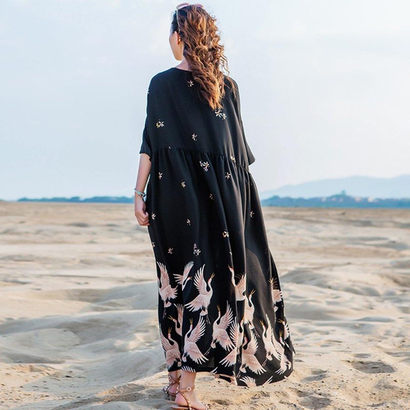 Imprimé Folk Style Casual Loose Maxi Robe À Manches Courtes Pour Les Femmes