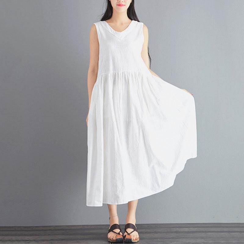 Linen Summer New White Robe Longue Sans Manches