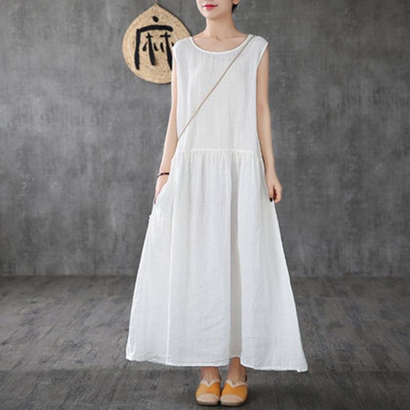 Linen Summer New White Robe Longue Sans Manches