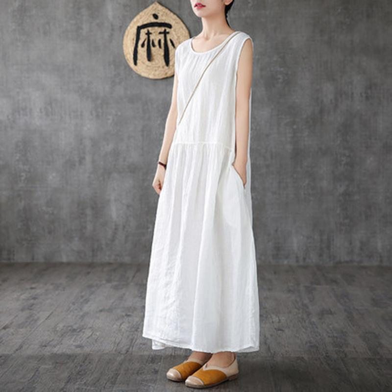 Linen Summer New White Robe Longue Sans Manches