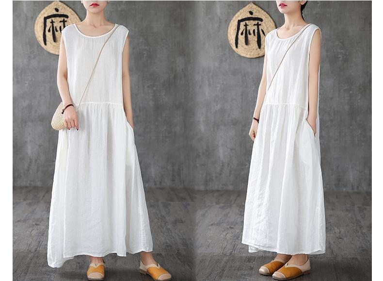 Linen Summer New White Robe Longue Sans Manches