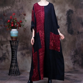 Plus Size Spring Autumn Vintage Patchwork Cotton Linen Dress