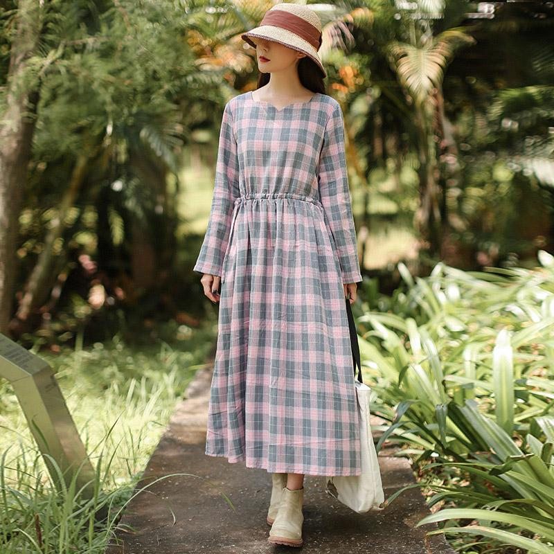 Printemps Automne A-line Plaid Manches Longues Laçage Taille Robe