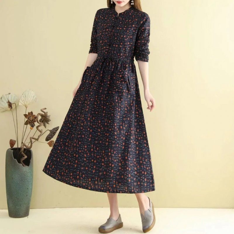 Printemps Automne Femmes Robe Florale Ample Rétro