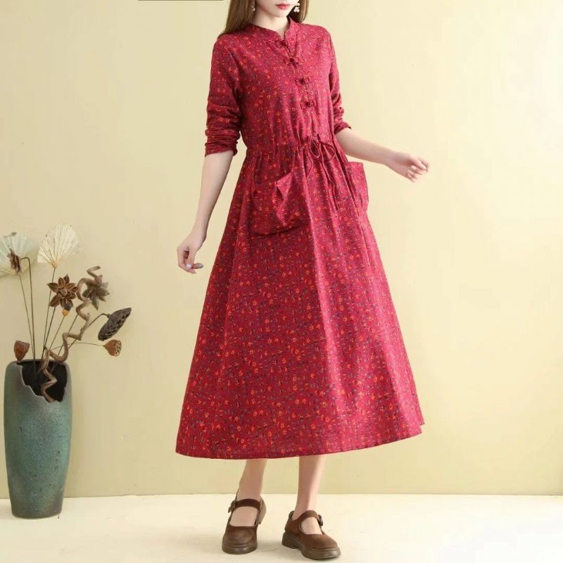 Printemps Automne Femmes Robe Florale Ample Rétro