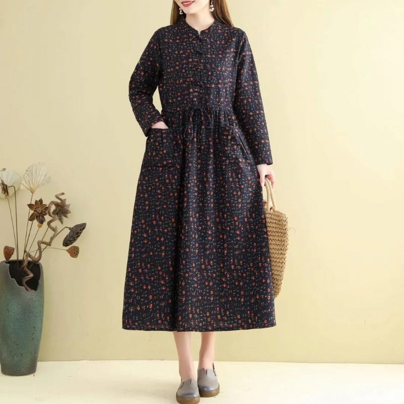 Printemps Automne Femmes Robe Florale Ample Rétro