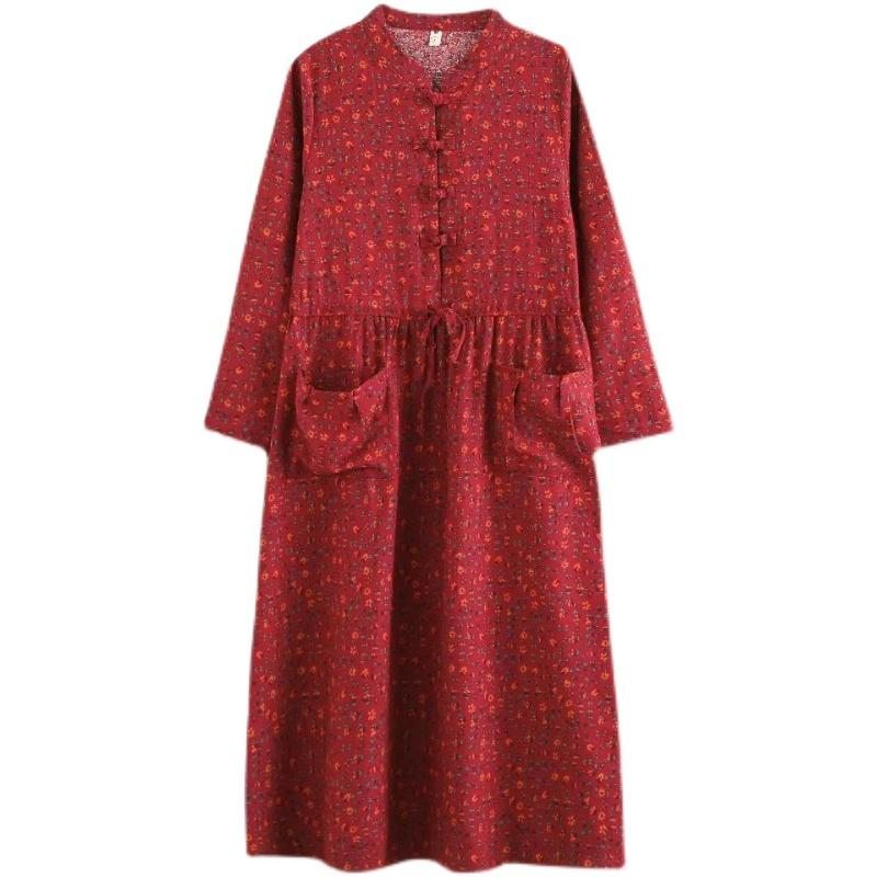 Printemps Automne Femmes Robe Florale Ample Rétro