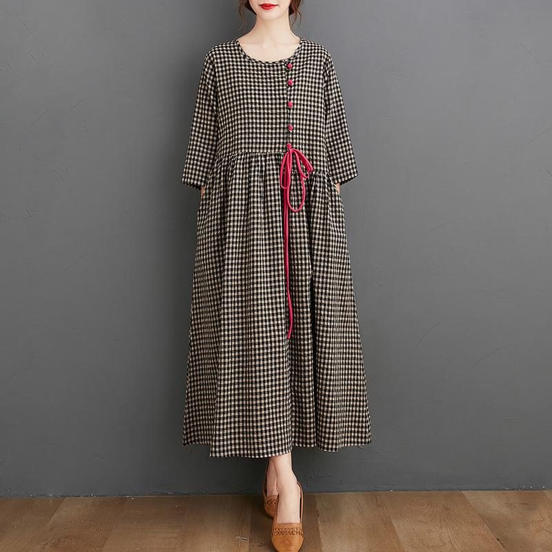 Robe Ample À Carreaux En Coton Et Lin Pour Femme