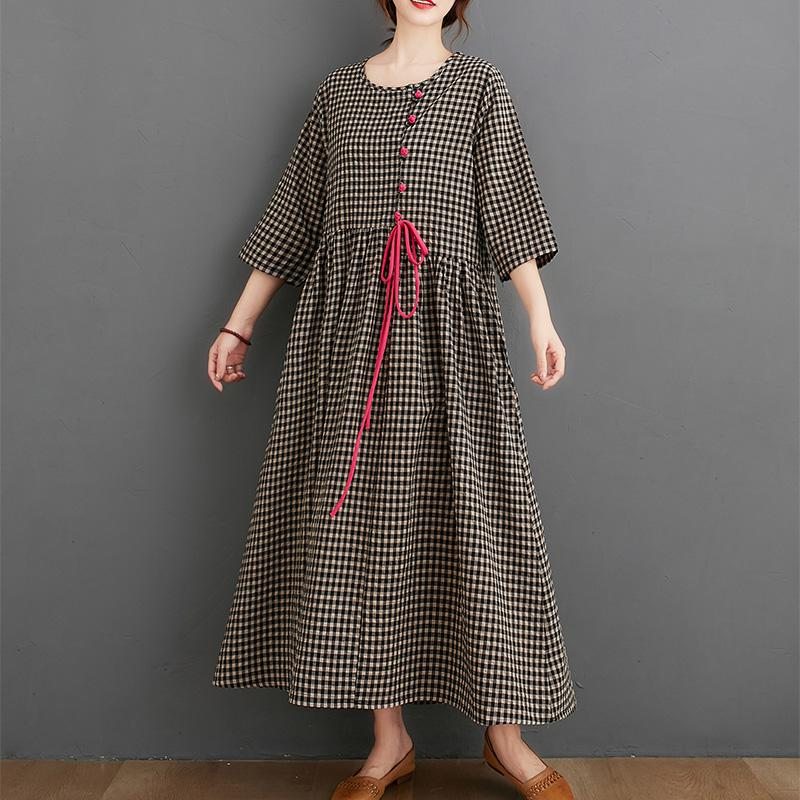 Robe Ample À Carreaux En Coton Et Lin Pour Femme