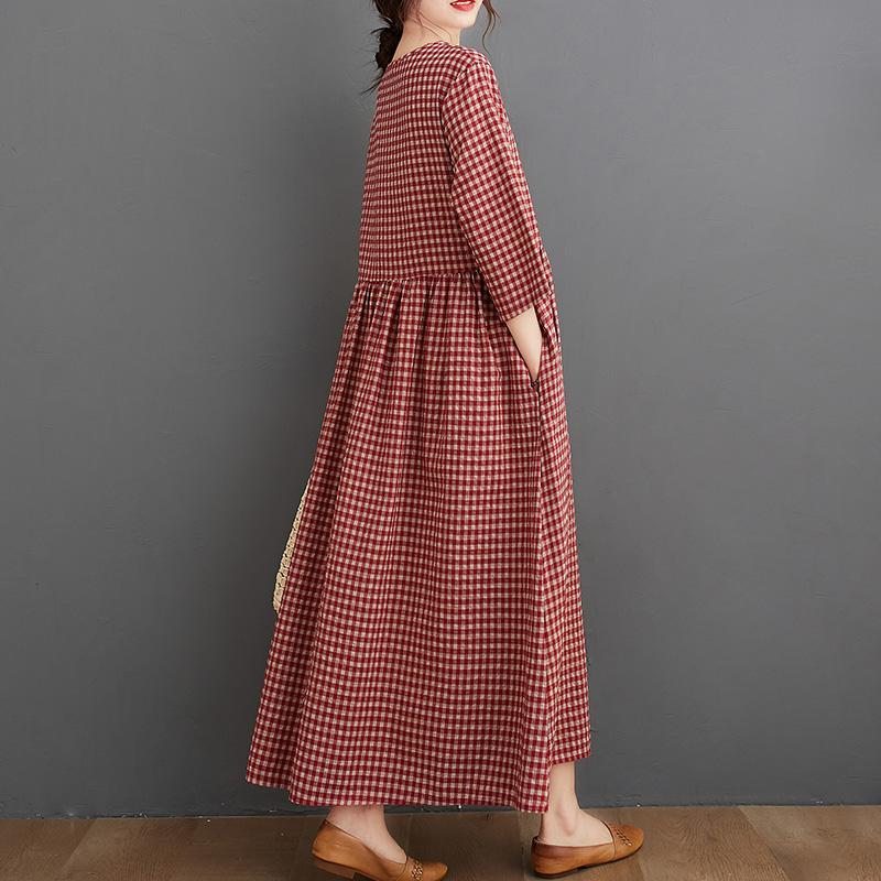 Robe Ample À Carreaux En Coton Et Lin Pour Femme