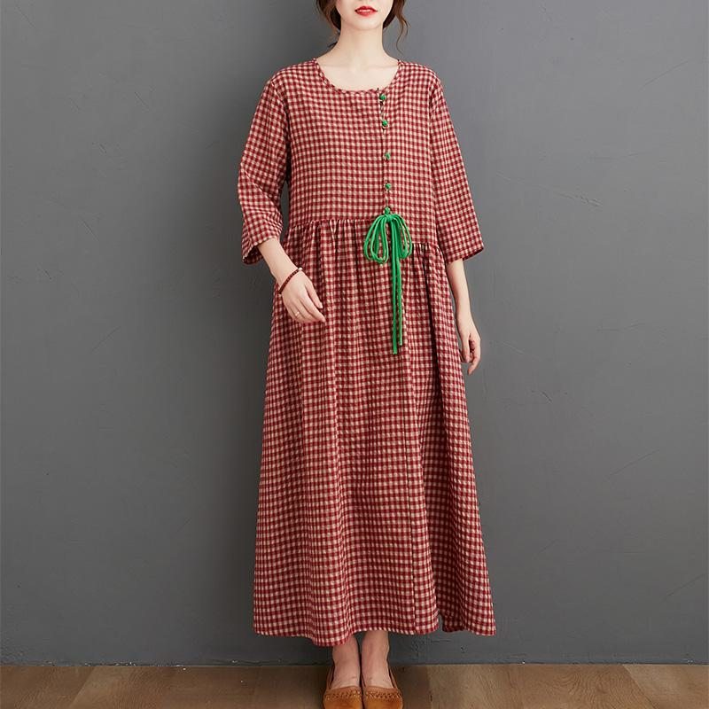 Robe Ample À Carreaux En Coton Et Lin Pour Femme