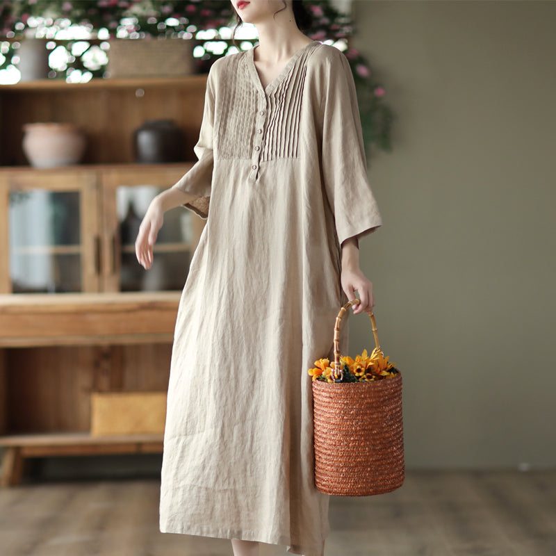 Robe Ample À Col En V En Lin Vintage De Printemps