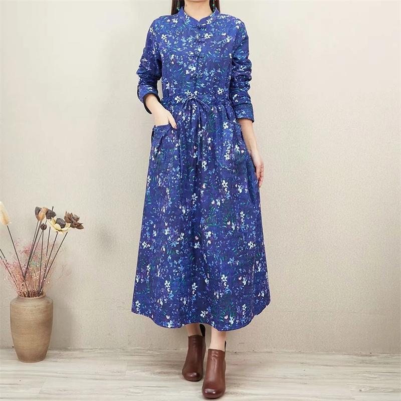 Robe Ample En Coton Et Lin À Fleurs Rétro Printemps-automne