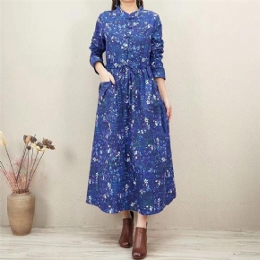 Robe Ample En Coton Et Lin À Fleurs Rétro Printemps-automne