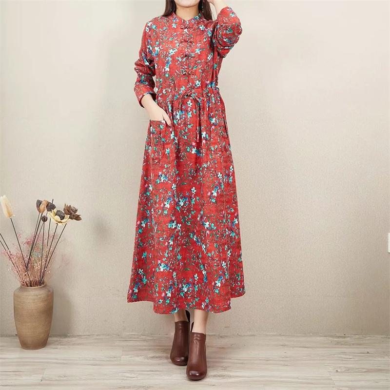 Robe Ample En Coton Et Lin À Fleurs Rétro Printemps-automne