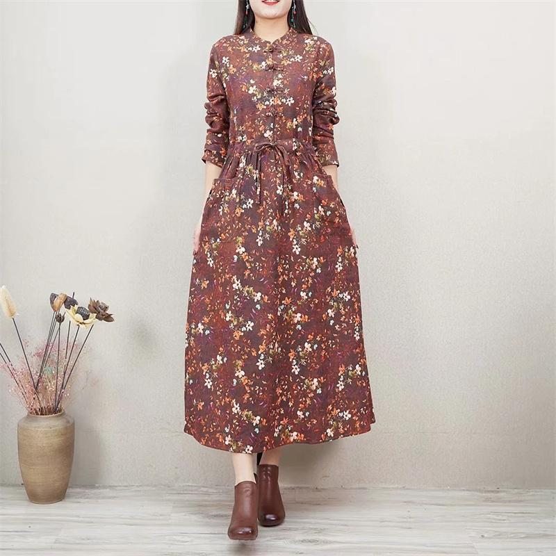 Robe Ample En Coton Et Lin À Fleurs Rétro Printemps-automne