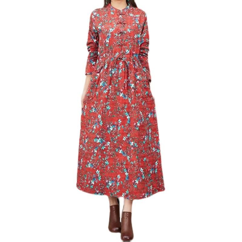 Robe Ample En Coton Et Lin À Fleurs Rétro Printemps-automne