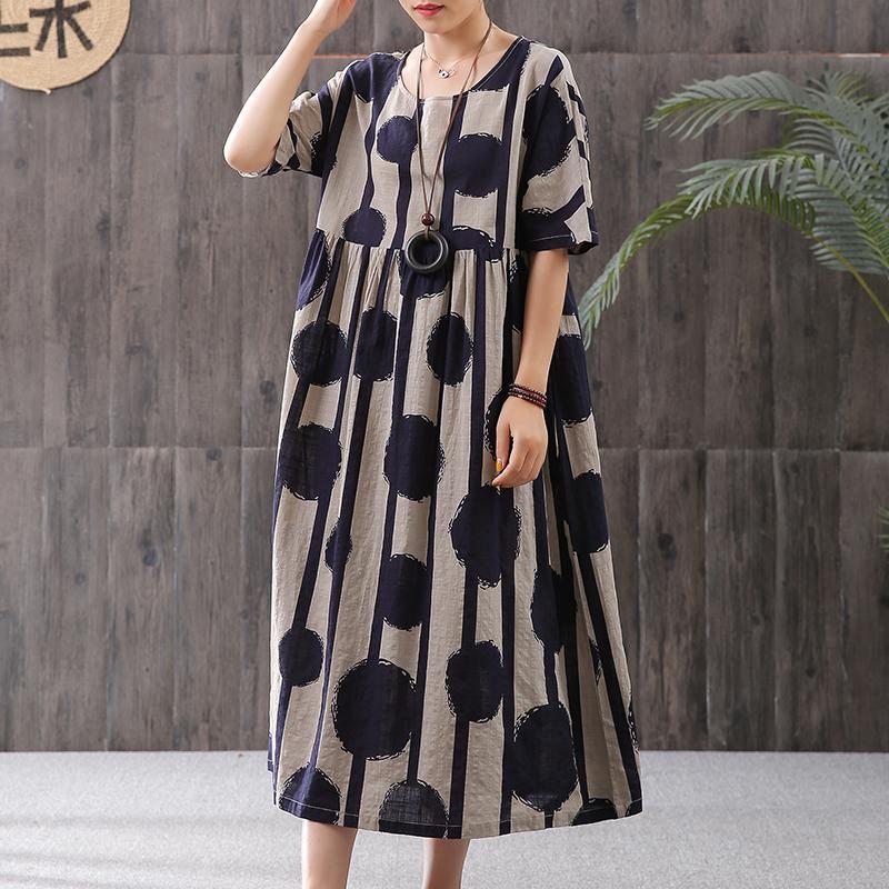 Robe Ample Décontractée À Manches Courtes En Lin Imprimé À Pois