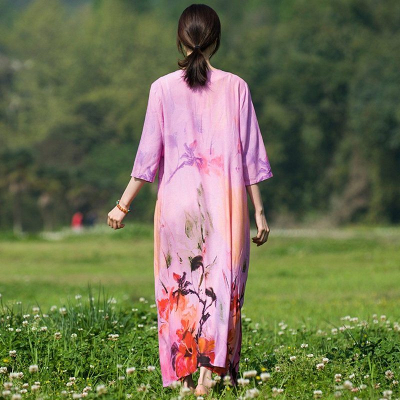 Robe Ample Fendue Imprimée De Fleurs Chics