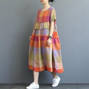 Robe Ample En Lin À Carreaux Colorés Pour Femmes