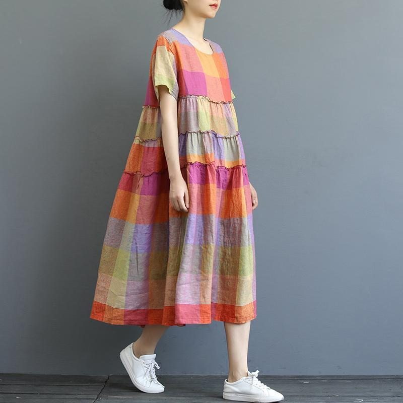 Robe Ample En Lin À Carreaux Colorés Pour Femmes