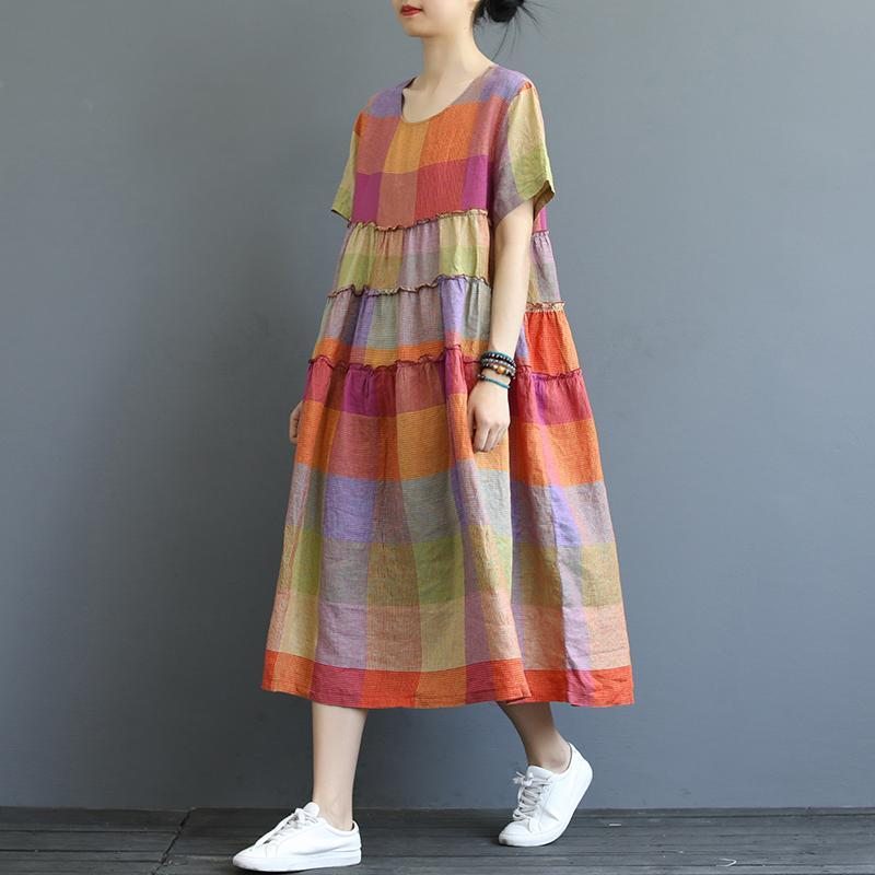 Robe Ample En Lin À Carreaux Colorés Pour Femmes