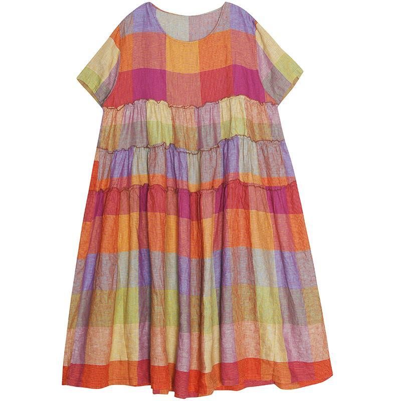 Robe Ample En Lin À Carreaux Colorés Pour Femmes