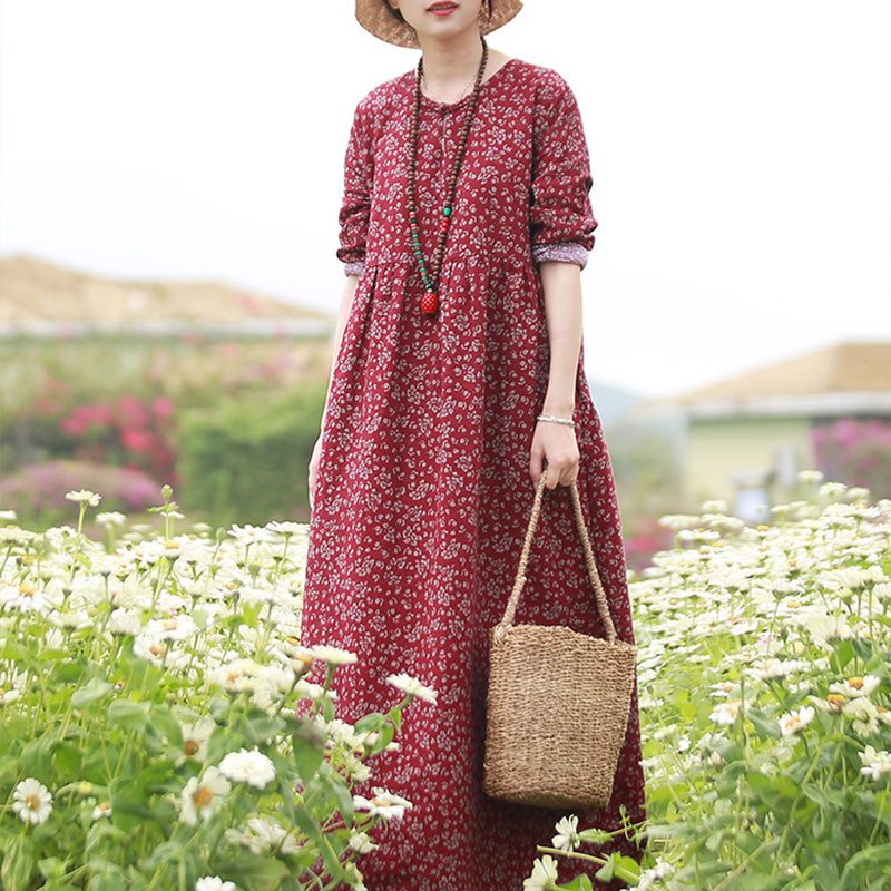 Robe Ample En Lin Et Coton À Fleurs Vintage De Printemps