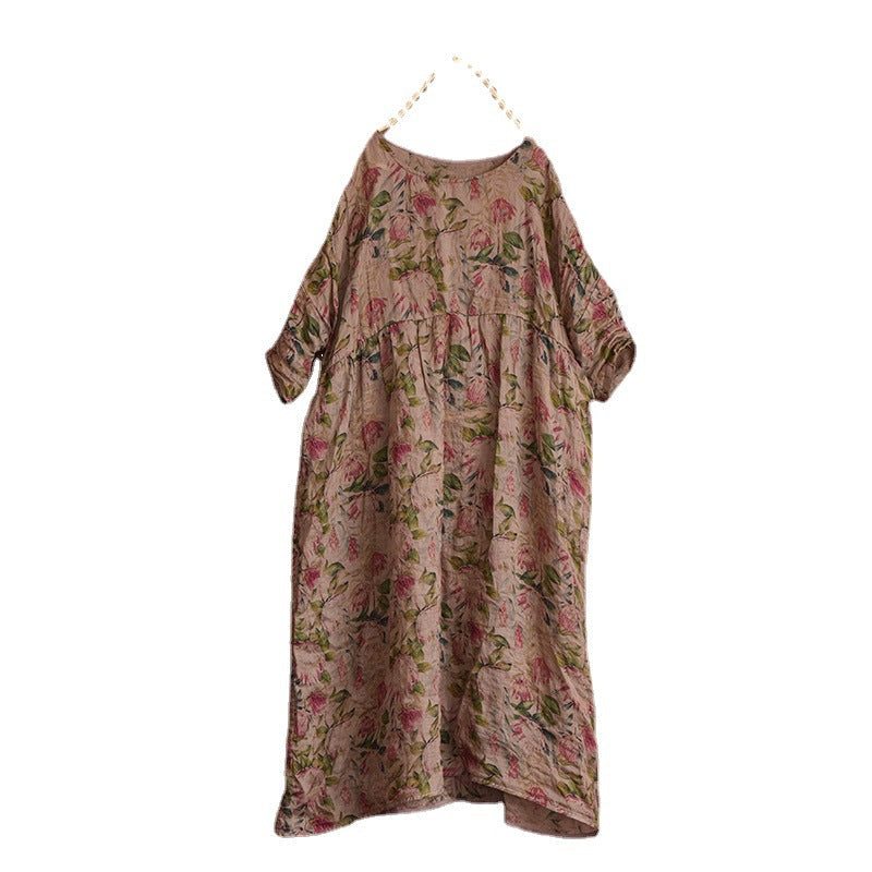 Robe Ample En Lin À Fleurs Vintage Printemps-été